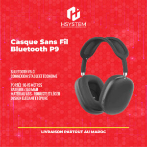 Casque Bluetooth P9 – Sans fil élégant – Bluetooth 5.0 – Portée 15m – Batterie 150mAh – ABS – Noir et Bleu ciel – Achat Maroc
