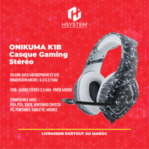 ONIKUMA K1B – Casque Gaming Stéréo – Micro antibruit – LED – USB + Jack 3.5mm – Compatible PS4 PS5 Xbox PC Switch – Achat Maroc