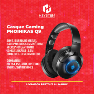 PHOINIKAS Q9 – Casque Gaming Multiplateforme 7.1 Surround – Double mode Filaire/Bluetooth – Micro antibruit – 50mm – LED bleu – Achat Maroc