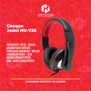 Jedel HU-728 – Casque Gaming USB filaire – 20Hz-20KHz – Micro intégré – 100mW – 32Ω – Câble 1.8m – Plug-and-Play – Achat Maroc