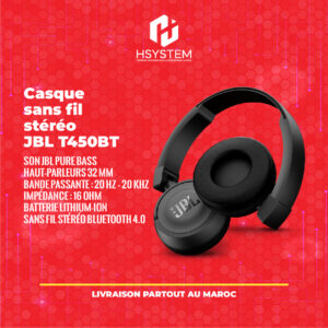 JBL T450BT – Casque sans fil stéréo Bluetooth 4.0 – Son Pure Bass – 32mm – 11h autonomie – Léger pliable – Achat Maroc