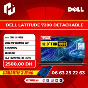 Dell Latitude 7200 Detachable 2in1 8th gen— Intel Core i5 8ᵉ Gén, 8 Go RAM, 256 Go SSD NVMe, Écran Tactile 12.3", USB-C Thunderbolt, Windows Pro