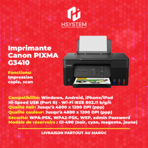 Canon PIXMA G3410 – Imprimante multifonction à réservoirs rechargeables – Impression, Copie, Scan – Wi-Fi – Compatible Windows, Android, iPhone, iPad – Achat Maroc