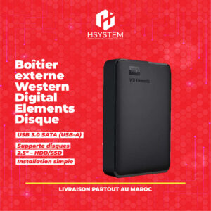 Boîtier Externe WD Elements USB 3.0 HDD/SSD pour Disque 2.5" – Plug & Play – Sans alimentation externe – Compatible Windows et Mac – Compact et nomade – Étiquettes capacité incluses – Achat Maroc