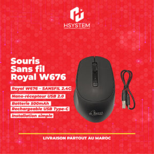 Souris Royal W676 – Sans fil 2.4G – Batterie intégrée 500mAh – Rechargeable USB Type-C – Design ergonomique – Plug & Play – Compatible PC et portable – Achat Maroc