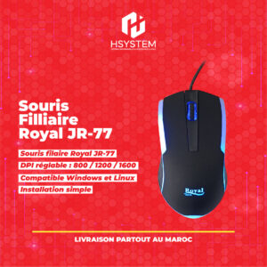 Souris Filaire Royal JR-77 – 4 LED – DPI réglable 800-1200-1600 – Éclairage arc-en-ciel – Câble PU 1,5m – Switch 3 millions clics – Compatible Windows et Linux – Achat Maroc