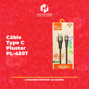 Câble Type C Plustar PL-4500T – 3A – Charge rapide – Tressé en nylon – 1200mm – Durable et sans nœuds – Transfert de données et chargement – Achat Maroc