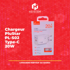 Chargeur Type C Plustar PL-S02 – 20W – Prise murale – Charge rapide USB-C – Compatible smartphones, tablettes et PC portables – Achat Maroc