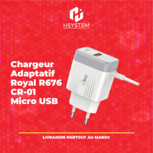 Chargeur Adaptatif Royal R676 CR-01 Micro USB – 17W – 3A + Port USB libre – Indicateur lumineux – Multi-protection – Blanc – Achat Maroc