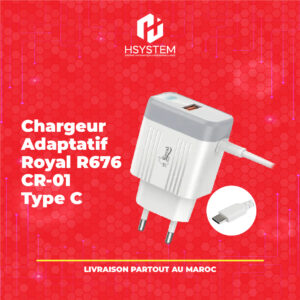 Chargeur Rapide Royal R676 CR-01 Type-C – 17W – 3A – Câble intégré + Port USB libre – Indicateur LED – Multi-protection – Blanc – Achat Maroc
