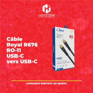 Câble Royal R676 RO-11 USB-C vers USB-C – 65W – Charge ultra-rapide – Tressé – Indicateur LED – Compatible Android Auto et CarPlay – 1m – Achat Maroc