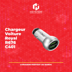 Chargeur Voiture Royal C401 – Double USB – 3.4A – Charge rapide – Compact – Allume-cigare 12-24V – Disponible en version V8, Type-C et Lightning – Achat Maroc