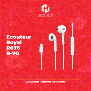 Écouteurs Royal R676 R-7G – Lightning – Compatible iPhone 7/8/X/XR/11/12/13/14 – Son stéréo haute performance – Basses profondes – Micro intégré – Contrôle de lecture – Achat Maroc