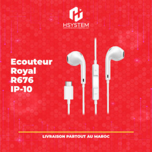 Écouteurs Royal R676 IP-10 – USB Type-C – Son Stéréo Hi-Fi – Microphone intégré – Télécommande avec contrôle du volume – Design ergonomique – Compatible smartphone et PC – Achat Maroc