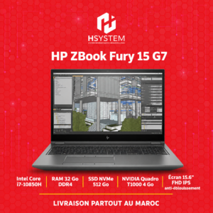 HP ZBook Fury 15 G7 – Intel Core i7-10850H (6 cœurs) – 32 Go DDR4 – SSD NVMe 512 Go – NVIDIA Quadro T1000 4 Go – Écran 15.6" FHD IPS anti-éblouissement – Fingerprint – Face ID – Mini DisplayPort – Achat Maroc