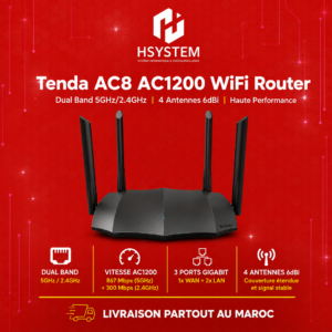 Tenda AC8 – Routeur WiFi AC1200 – Double Bande – 4 antennes 6dBi – Ports Gigabit – MU-MIMO – Mode AP/Repeater – Achat Maroc
