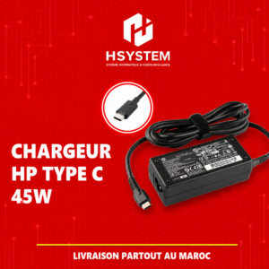 Chargeur HP 45W USB-C – Technologie Power Delivery – Tensions 5V/9V/12V/15V – Compact (193g) – Compatible EliteBook, ProBook, Chromebook – Câble 1,8m – Achat Maroc