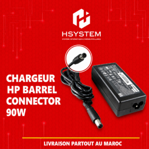 Chargeur HP 90W Barrel Connector – 19.5V 4.62A – Connecteur 4.5mm – Technologie Smart Pin – Compatible EliteBook, ProBook, Pavilion, Spectre, ZBook – Dongle 7.4mm inclus – Achat Maroc