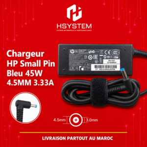 Chargeur HP 45W Small Pin – 19.5V 2.31A – Connecteur 4.5x3.0mm à embout bleu – Compact – Compatible EliteBook, ProBook, Pavilion, Stream – Achat Maroc