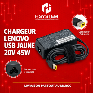 Chargeur Lenovo 45W – 20V 2.25A – Connecteur rectangulaire jaune – Compatible ThinkPad, IdeaPad, Yoga, Chromebook – Alimentation fiable – Achat Maroc