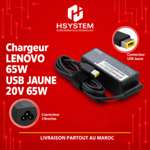 Chargeur Lenovo 65W – 20V 3.25A – Connecteur rectangulaire jaune (Slim Tip) – Compatible ThinkPad, IdeaPad, Yoga – Alimentation fiable – Achat Maroc