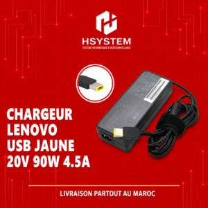 Chargeur Lenovo 90W – 20V 4.5A – Connecteur rectangulaire jaune – Compatible ThinkPad, IdeaPad, Yoga, Legion – Alimentation fiable – Achat Maroc