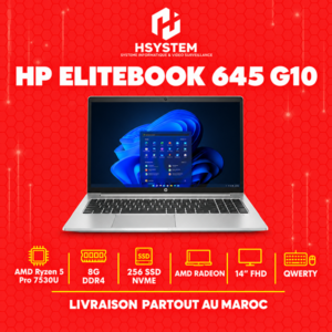 HP EliteBook 645 G10 – AMD Ryzen 5 Pro 7530U – 8Go DDR4 – 256Go SSD NVMe – 14" FHD – Radeon – QWERTY – Achat Maroc