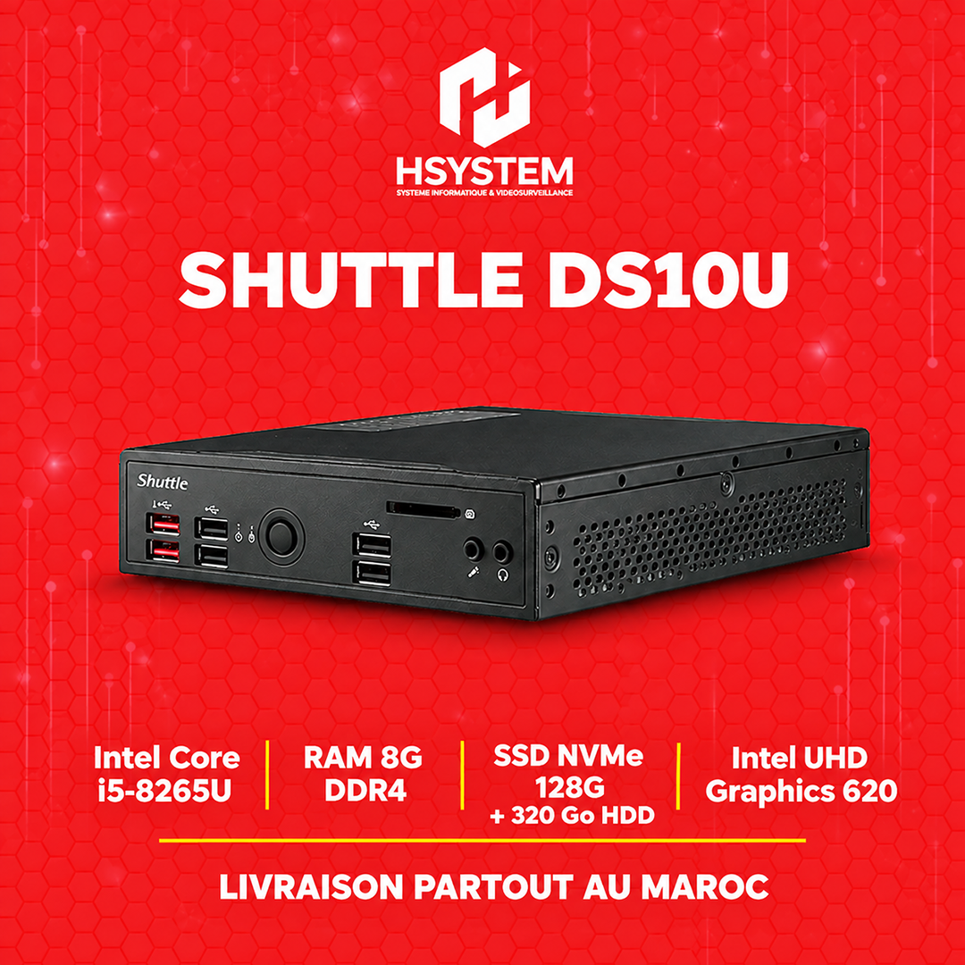 Shuttle XPC slim DS10U5 – Mini PC Fanless – Intel Core i5-8265U – 8Go RAM – 128Go SSD NVMe + 320 Go HDD – Intel UHD 620 – Achat Maroc 1 Shuttle XPC slim DS10U5 – Mini PC Fanless – Intel Core i5-8265U – 8Go RAM – 128Go SSD NVMe + 320 Go HDD – Intel UHD 620 – Achat Maroc