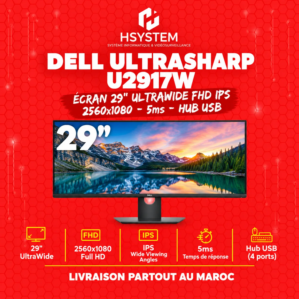 Ecran Dell UltraSharp U2917W – Écran 29" UltraWide FHD IPS – 2560x1080 – 5ms – Hub USB – Achat Maroc