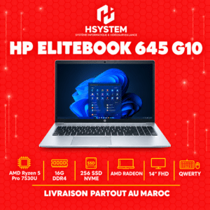 HP EliteBook 645 G10 – AMD Ryzen 5 Pro 7530U – 16Go DDR4 – 256Go SSD NVMe – 14" FHD IPS – QWERTY – Achat Maroc