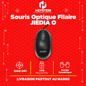 Souris Optique Filaire JIEDIA O – 1000 DPI – USB Plug and Play – Design Symétrique – Achat Maroc