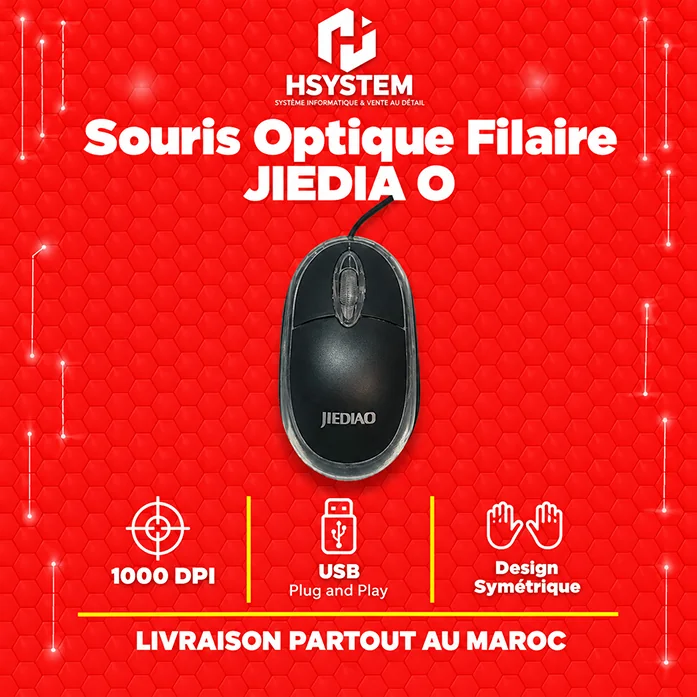 Souris Optique Filaire JIEDIA O – 1000 DPI – USB Plug and Play – Design Symétrique – Achat Maroc 1 Souris Optique Filaire JIEDIA O – 1000 DPI – USB Plug and Play – Design Symétrique – Achat Maroc