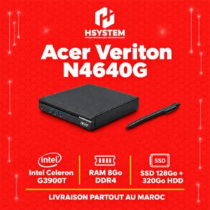 Acer Veriton N4640G – Mini PC – Intel Celeron G3900T – 8Go DDR4 – 128Go SSD + 320Go HDD – VGA/DisplayPort – Achat Maroc