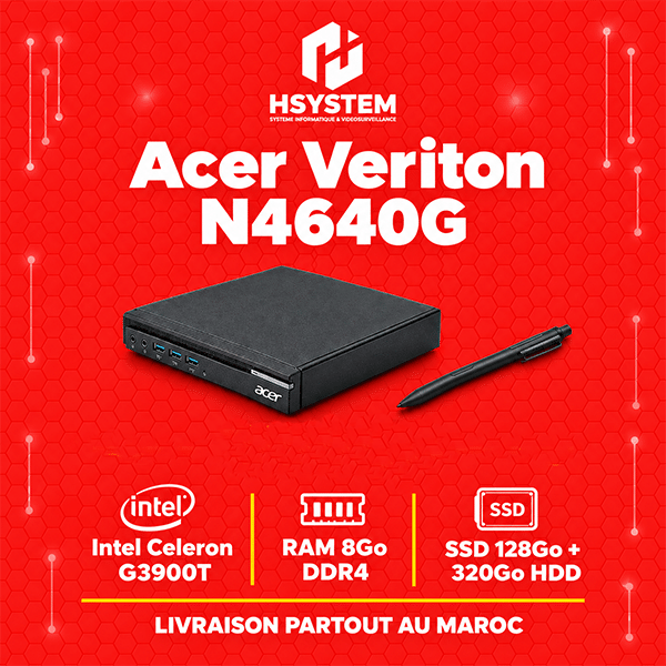 Acer Veriton N4640G – Mini PC – Intel Celeron G3900T – 8Go DDR4 – 128Go SSD + 320Go HDD – VGA/DisplayPort – Achat Maroc 1 Acer Veriton N4640G – Mini PC – Intel Celeron G3900T – 8Go DDR4 – 128Go SSD + 320Go HDD – VGA/DisplayPort – Achat Maroc